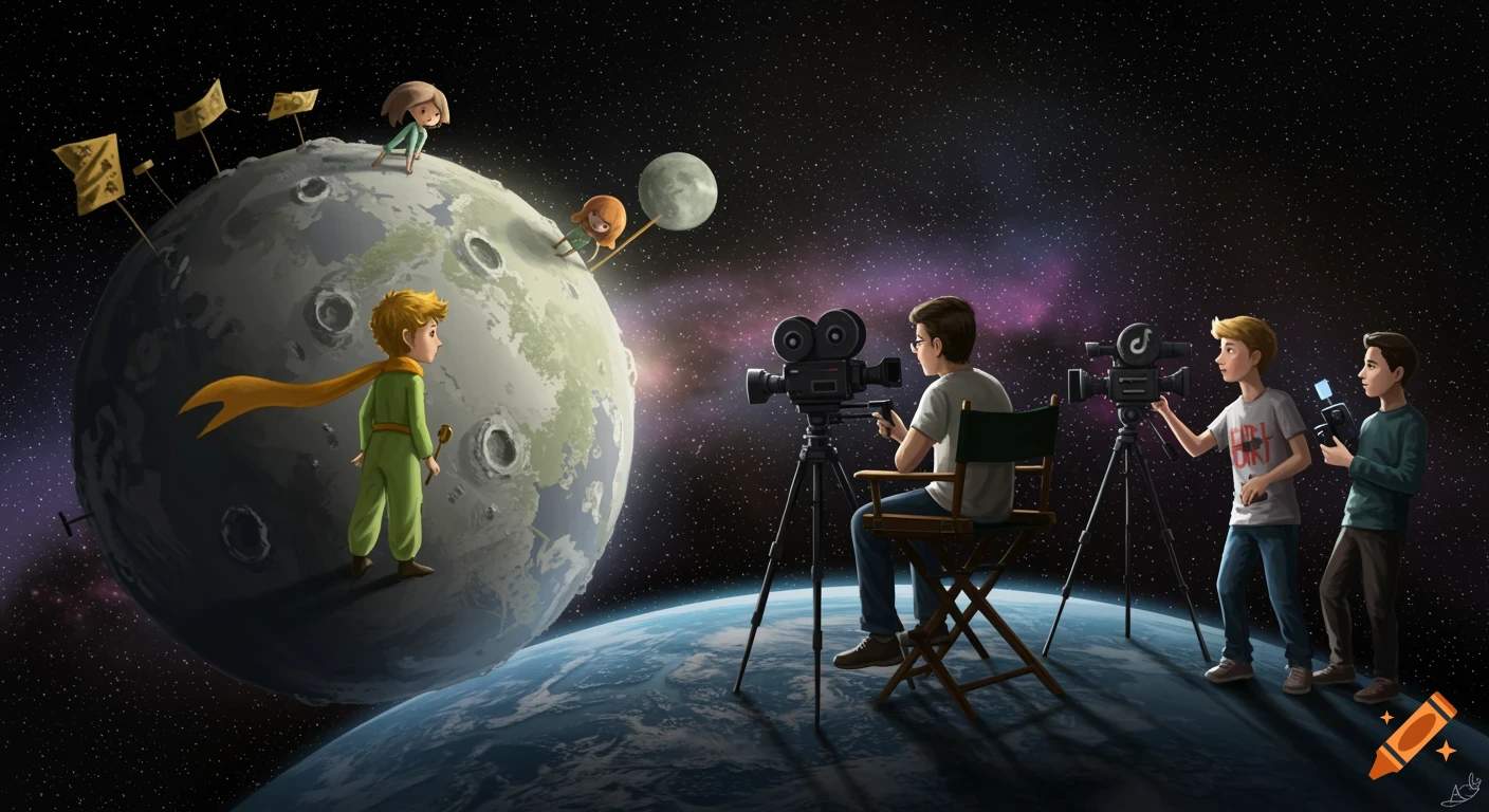 Illustration of the Little Prince and others on the moon being filmed by people on Earth.