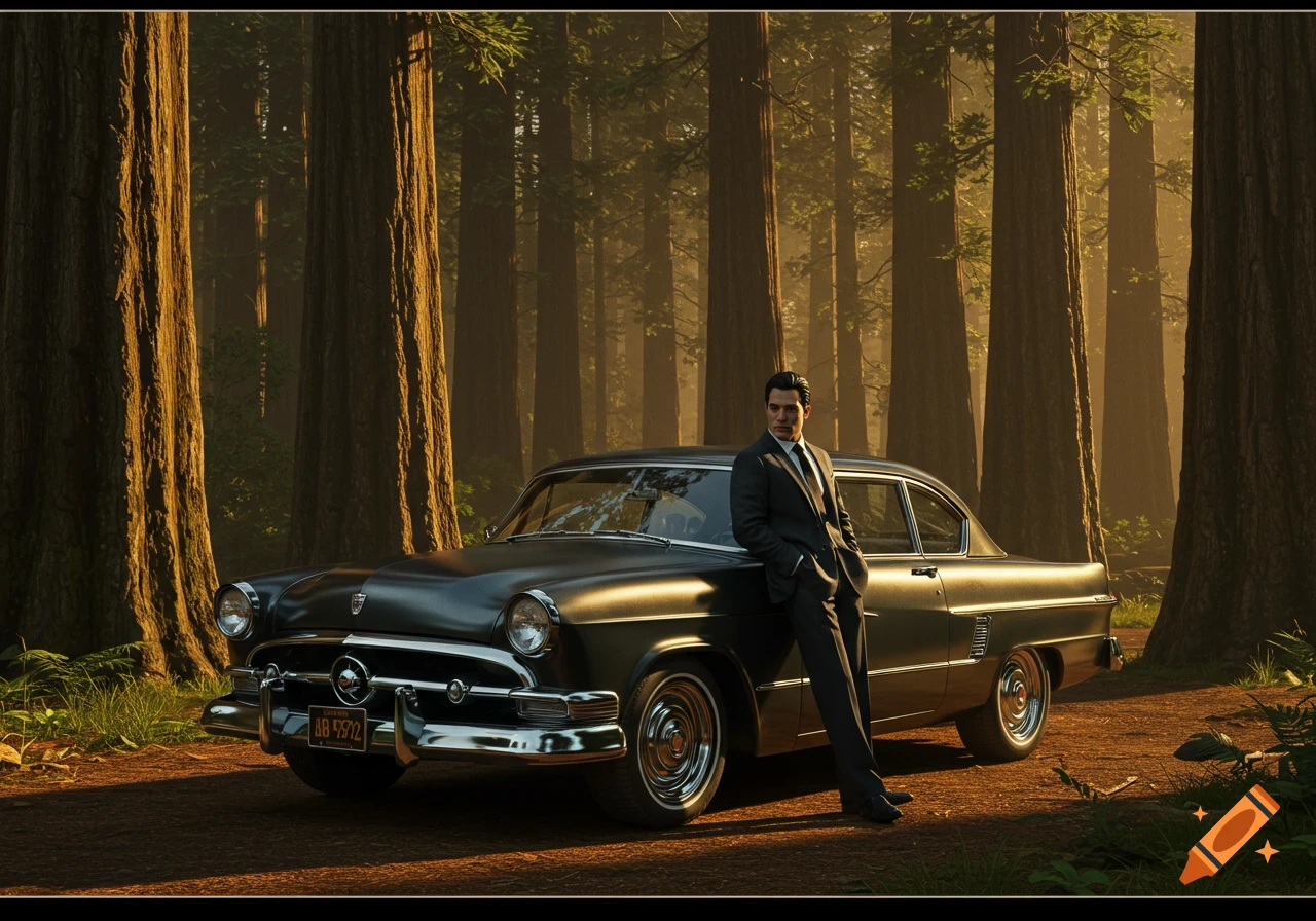 Man in suit leans on a dark classic car in a sunlit redwood forest.