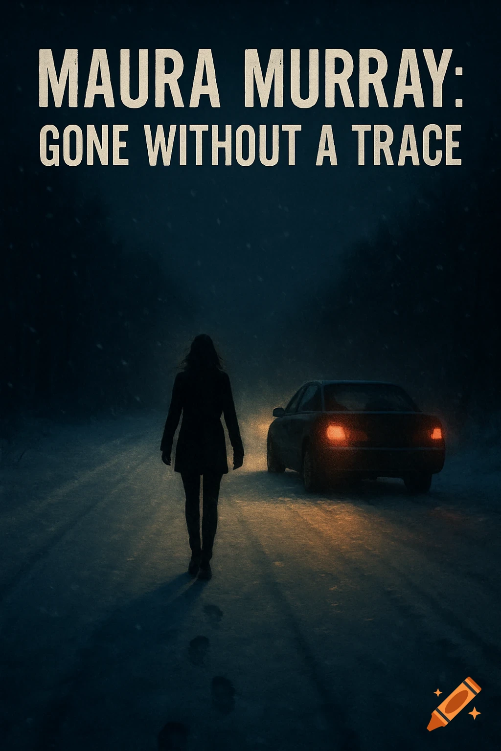 Silhouette of woman walking from car on snowy road at night, text 'Maura Murray: Gone Without a Trace'