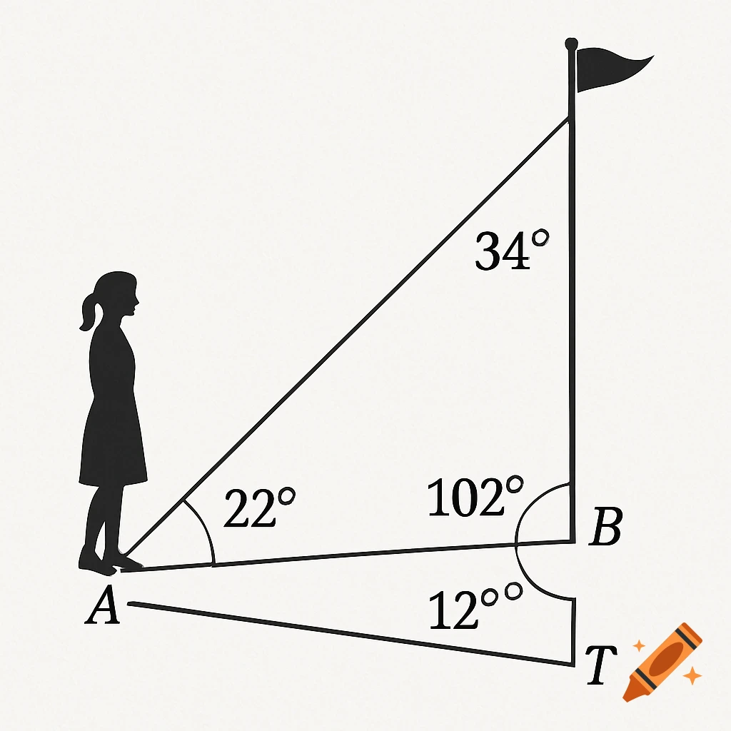 A geometric diagram illustrating angles and points related to a person, inclined path, and a vertical flagpole.
