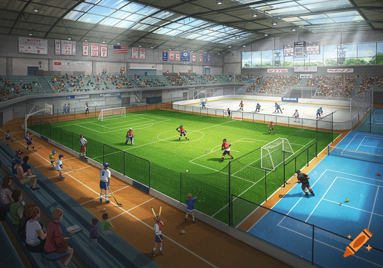 An indoor sports arena with sections for soccer, ice hockey, and tennis, populated by players and spectators.