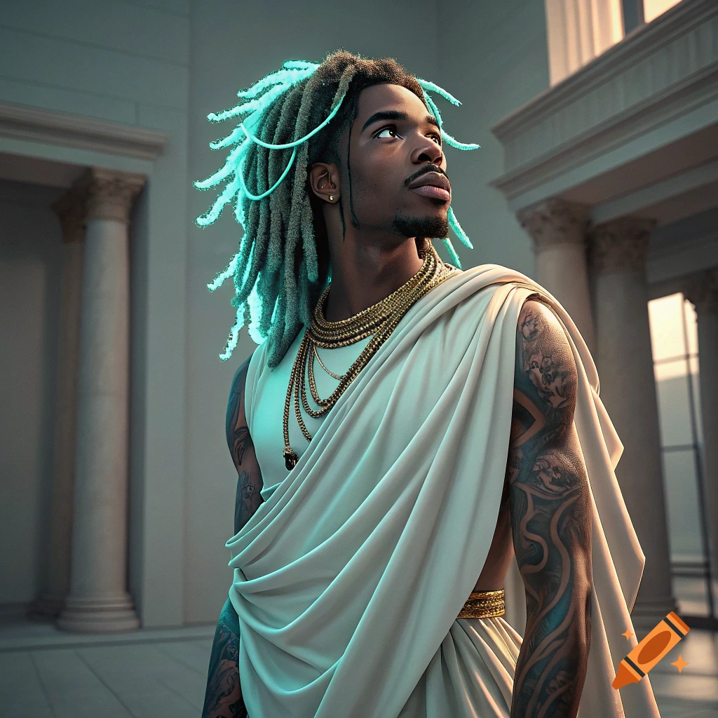 Man with glowing dreadlocks and tattoos wearing a toga and gold jewelry in a classical building