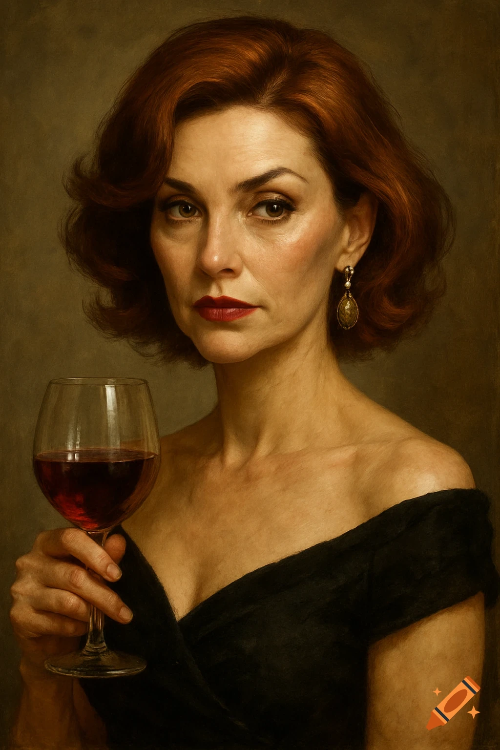 A portrait painting of a woman with red hair holding a glass of red ...