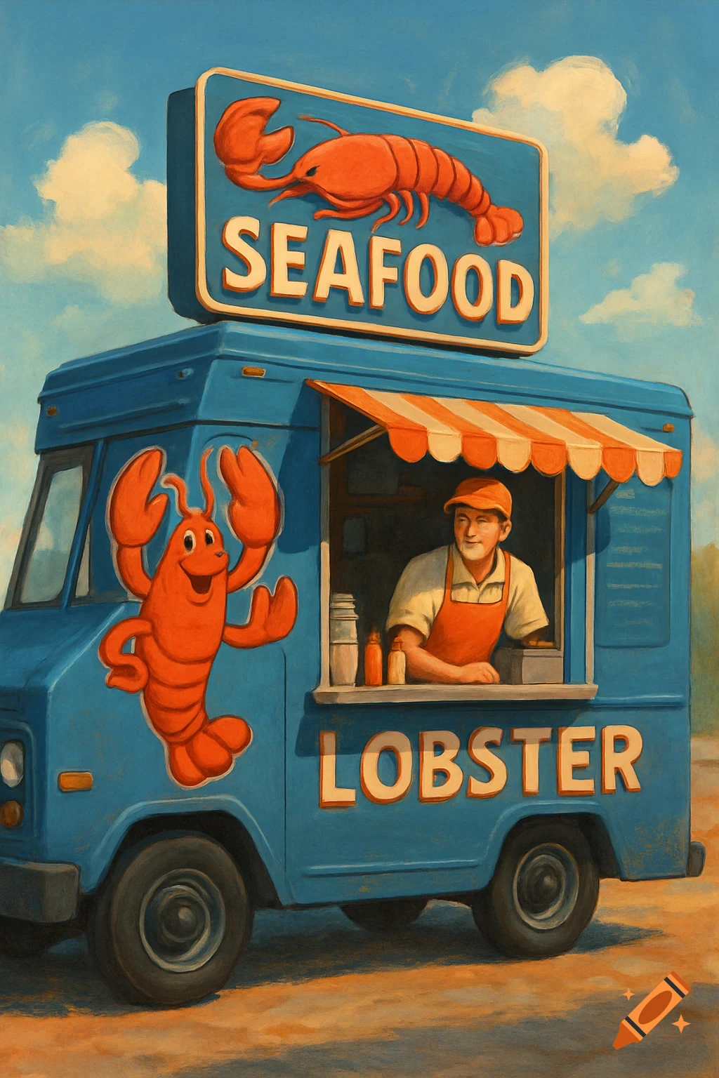 Cartoon painting of a blue seafood food truck with a lobster logo and a man selling from a window.