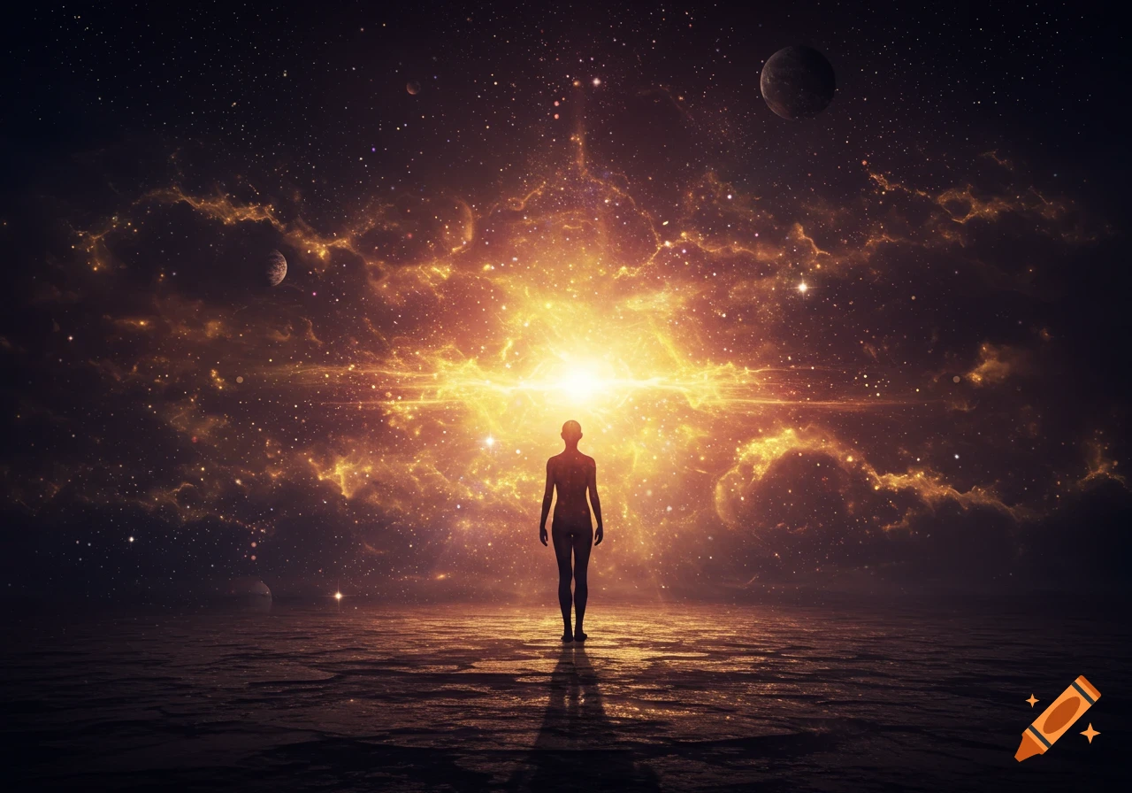 A figure stands silhouetted against a cosmic landscape of glowing nebulae, stars, and planets.