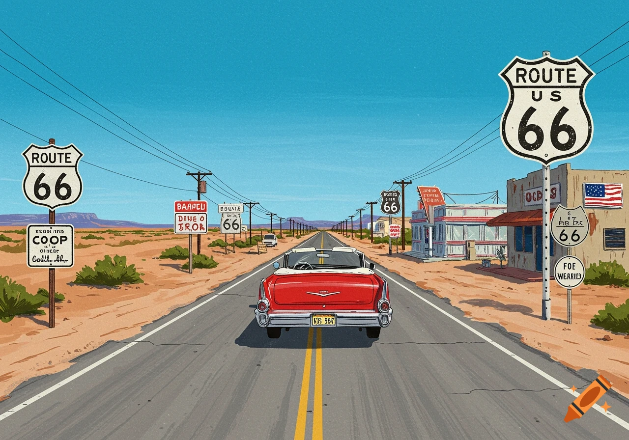 Red car drives on Route 66 through a desert landscape with road signs and buildings, illustration style.