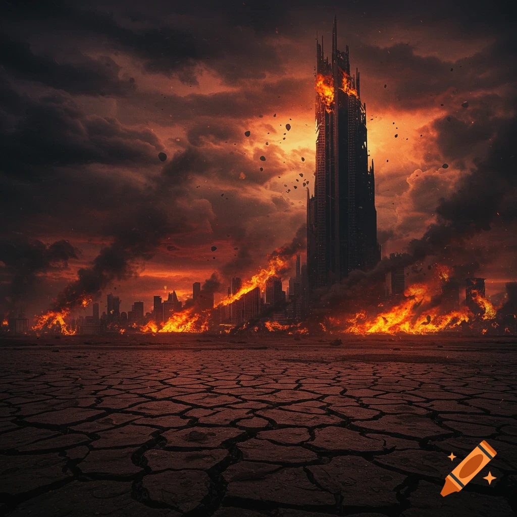 A destroyed city with a burning skyscraper under a fiery sky, cracked earth in the foreground.