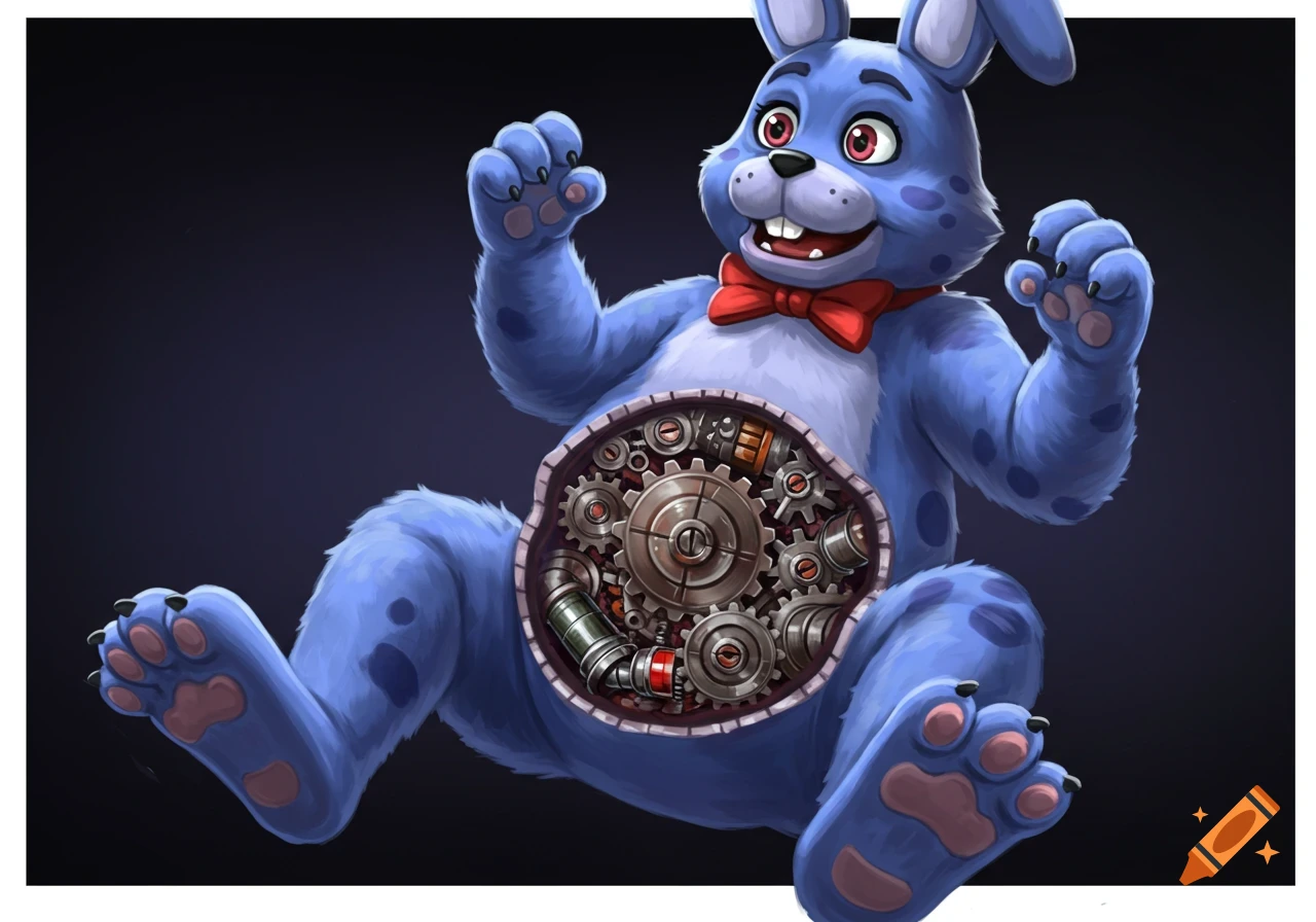 A blue animatronic bunny with a red bowtie, its stomach open to reveal gears and machinery.