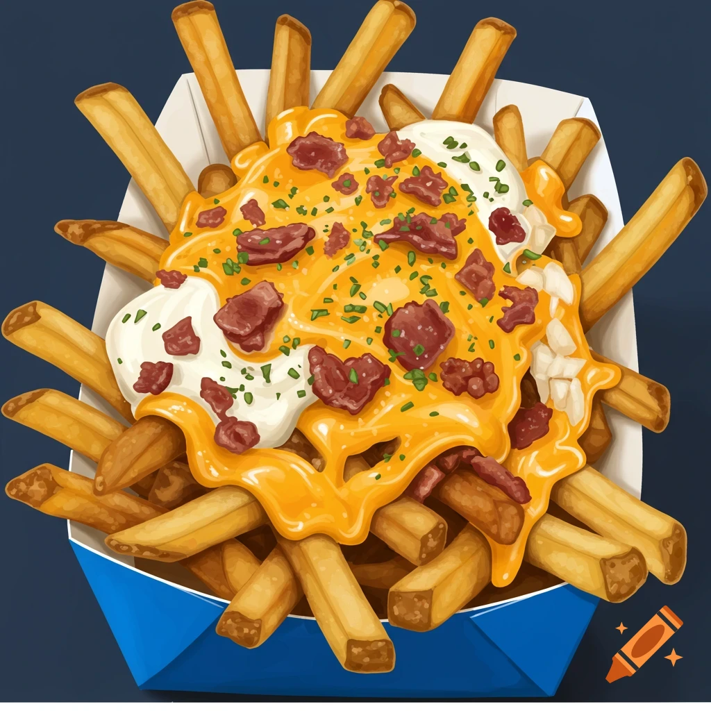 Illustration of loaded fries with cheese, bacon, and sauce in a blue box.