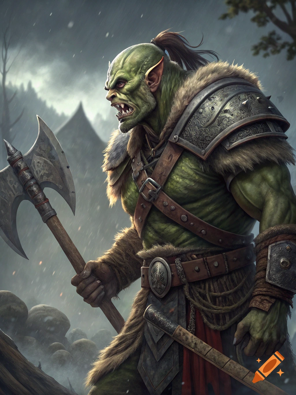 Detailed illustration of a green-skinned orc warrior with an axe in a foggy landscape.
