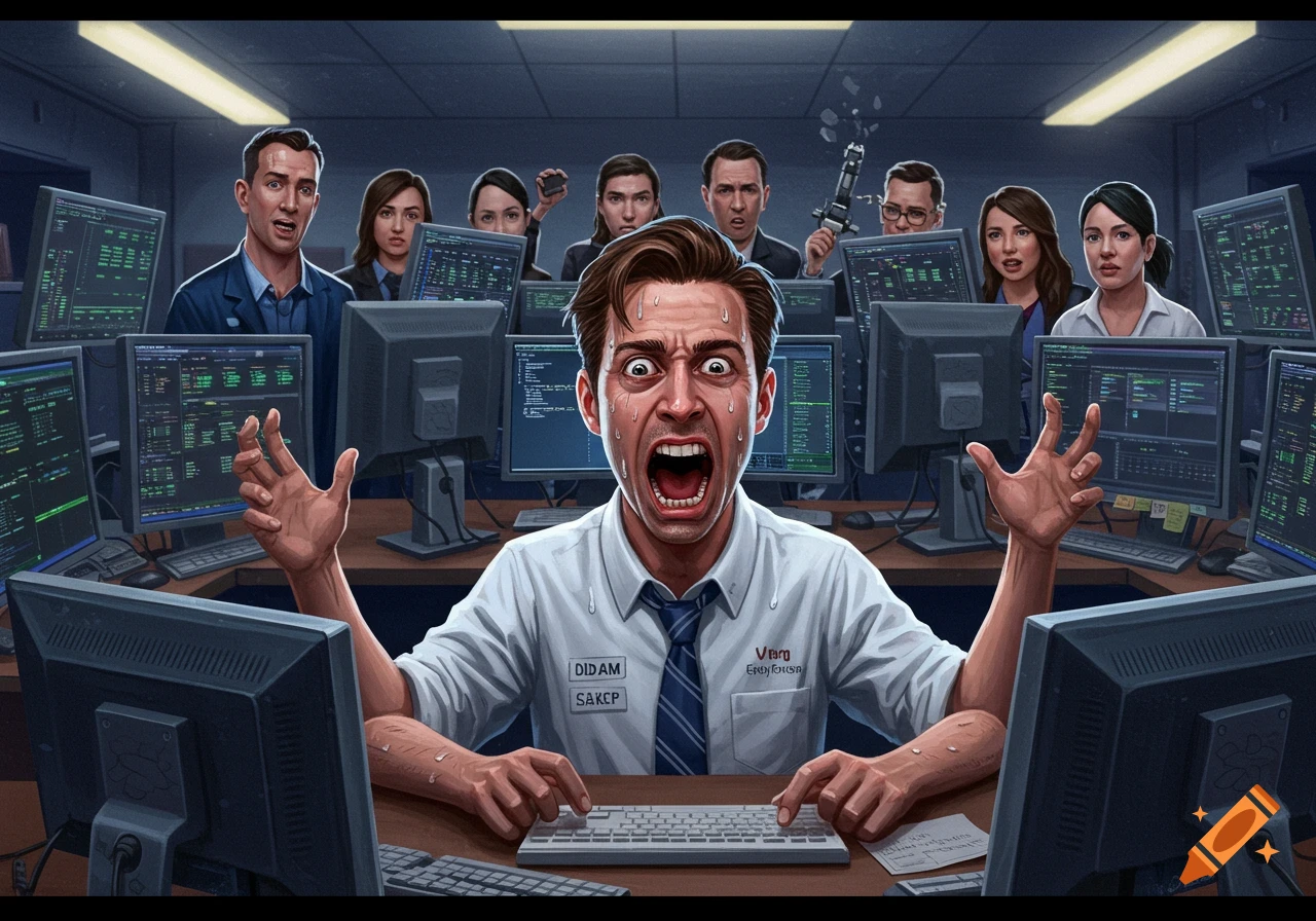 A man in a white shirt panics at his computer desk surrounded by monitors and colleagues in a busy office.
