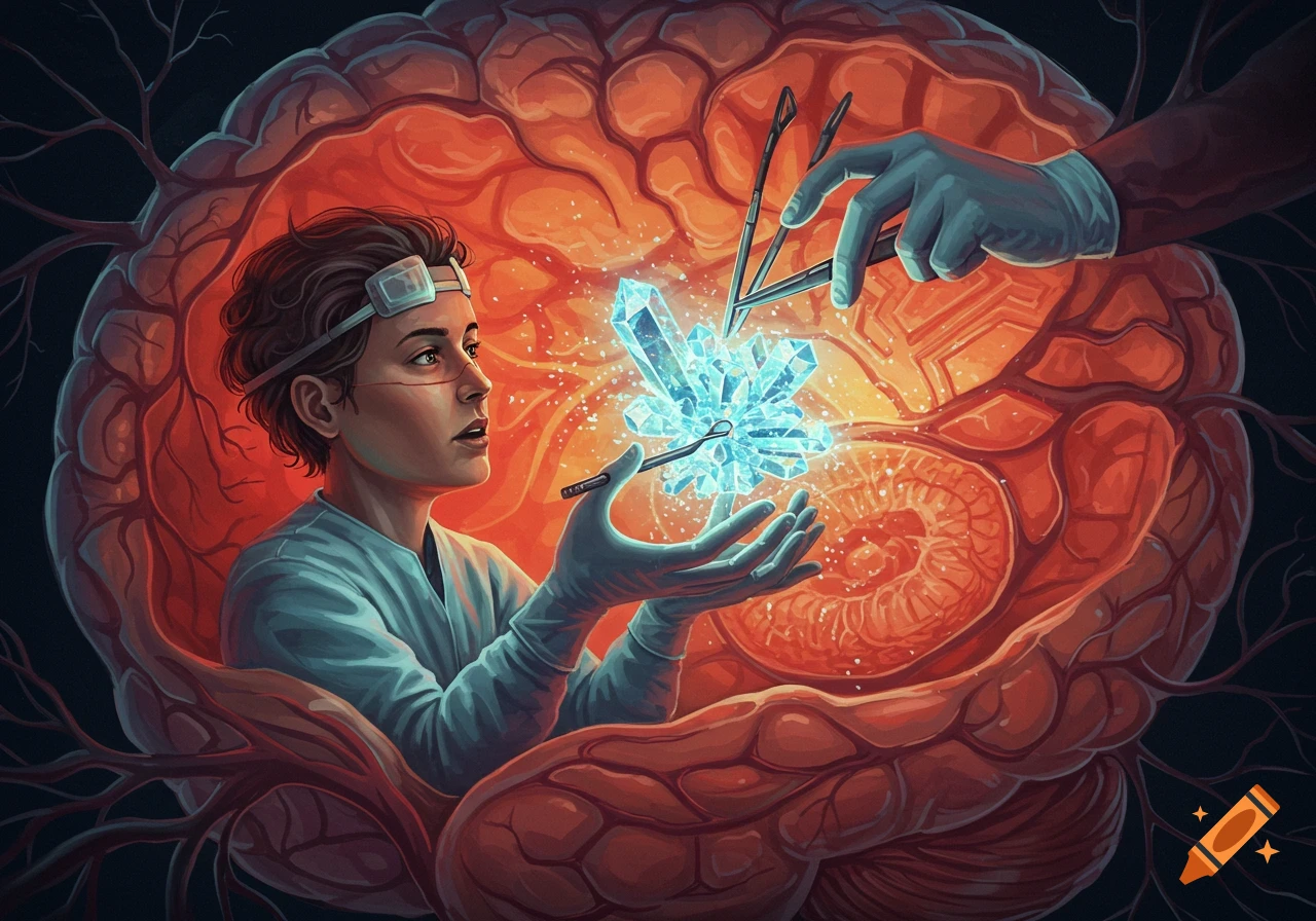 A surgeon in gloves operates on a stylized brain, holding a glowing crystal with surgical tools.