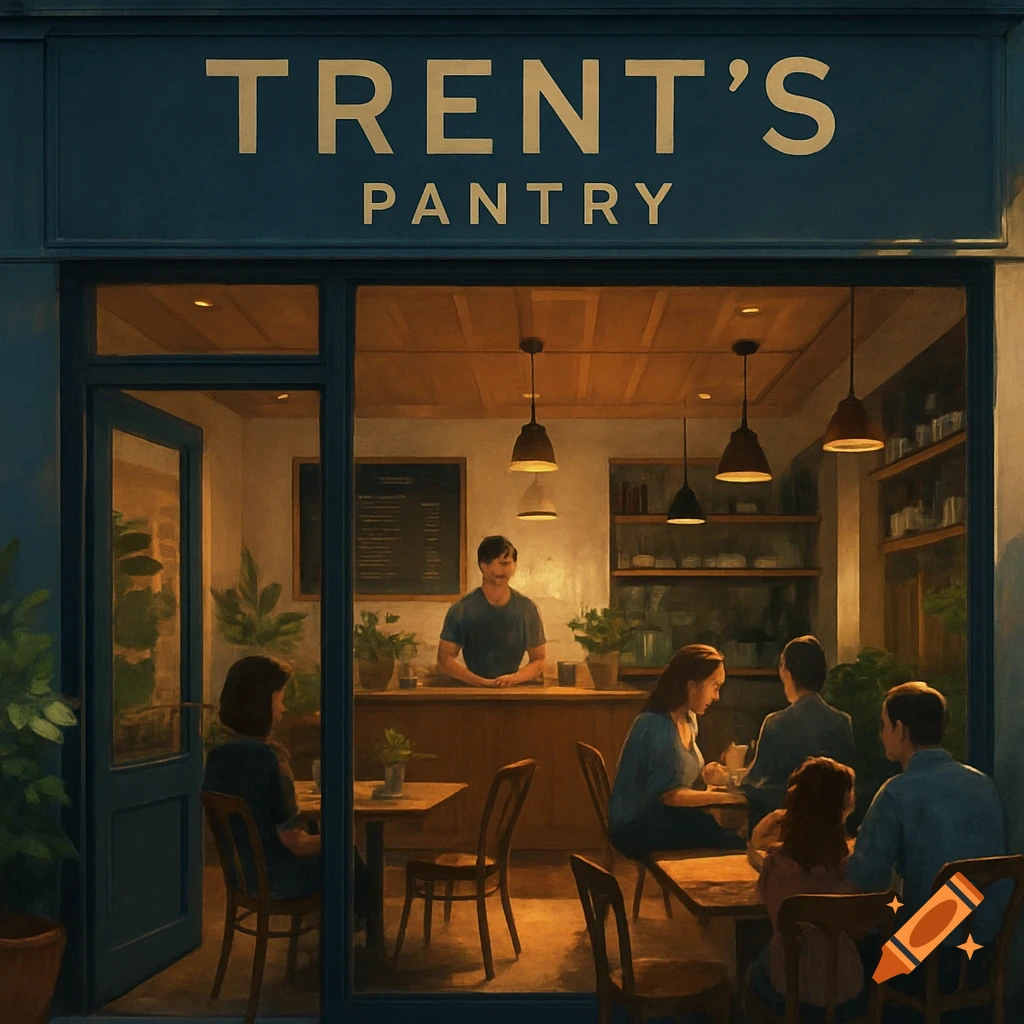 Facade of a restaurant named Trent's Pantry with people dining inside. Painterly style.