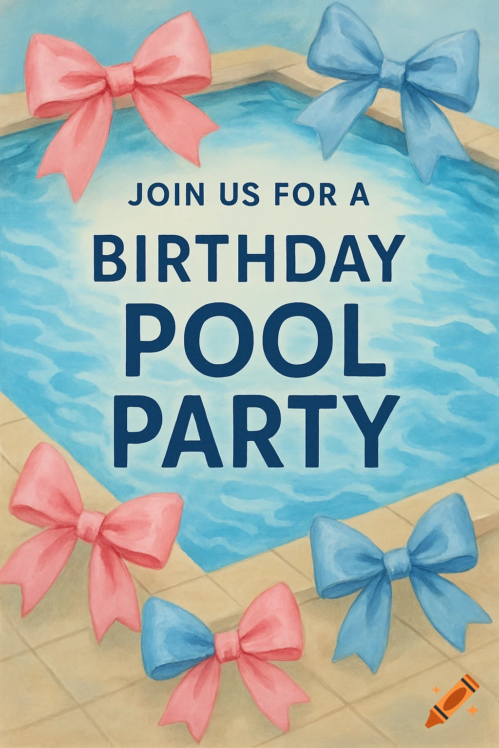 Watercolor illustration of a birthday pool party invitation with pink and blue bows around a swimming pool.