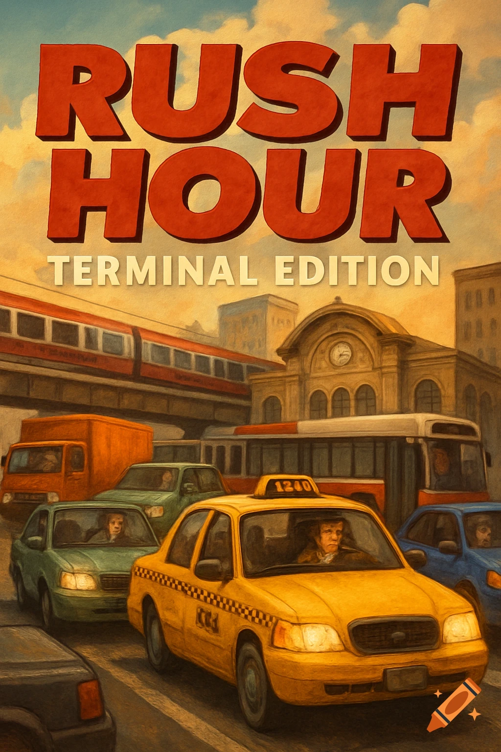 Illustration of a busy city street with cars and a train station under large text RUSH HOUR TERMINAL EDITION.