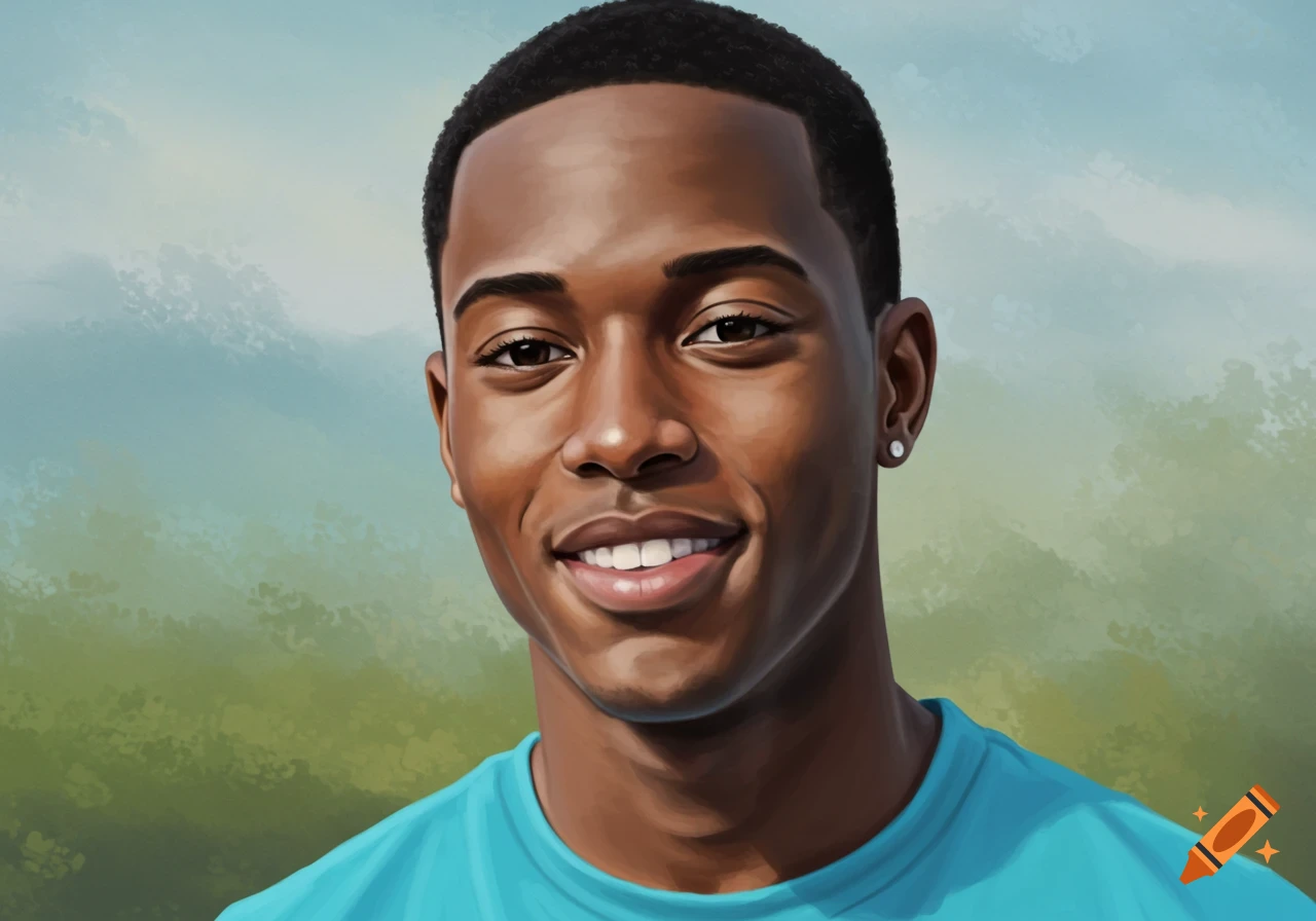 Digital painting portrait of a young Black man smiling in a blue shirt ...