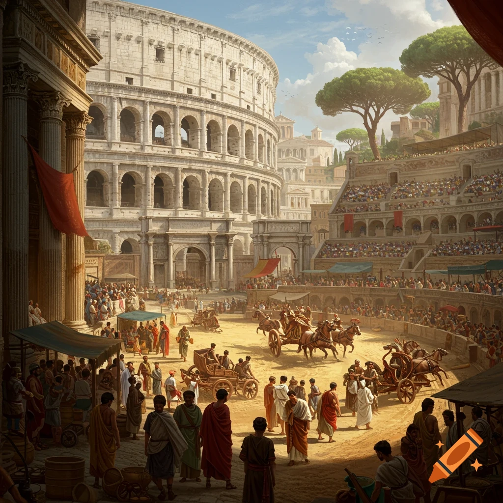 A crowded ancient Roman arena scene with chariot racers and spectators before a large amphitheater.