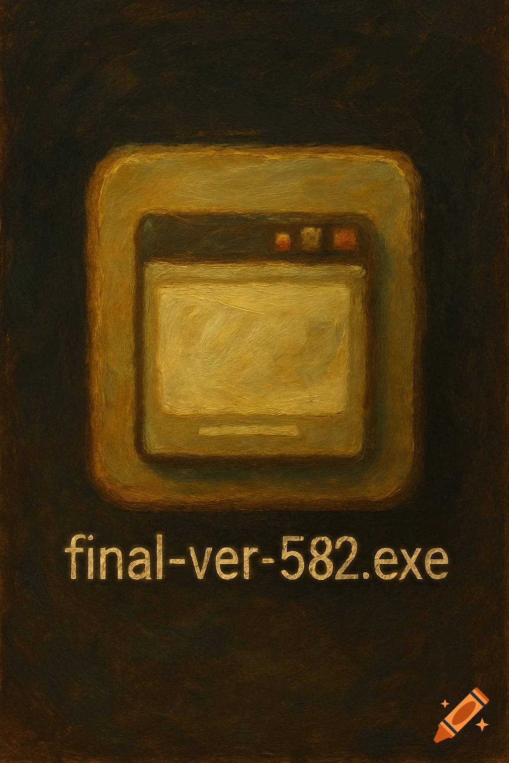 Stylized painting of a computer file icon with the text final-ver-582.exe