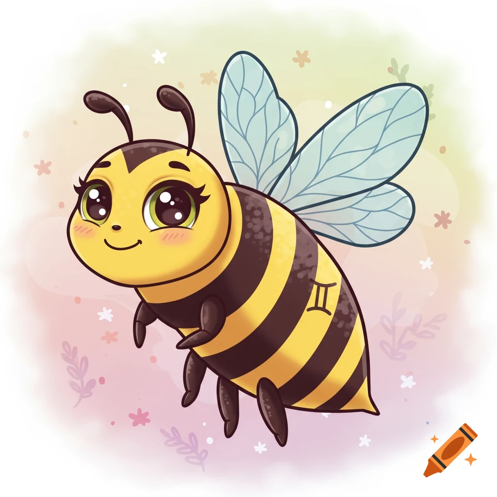Cute cartoon bee with big eyes and a Gemini symbol on its striped body.