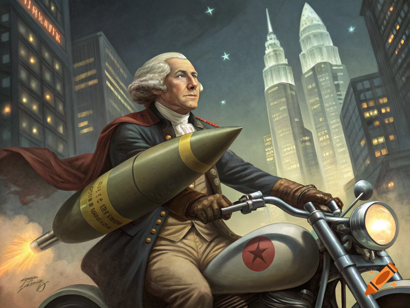 George Washington riding a motorcycle with a missile in a city at night, painted style
