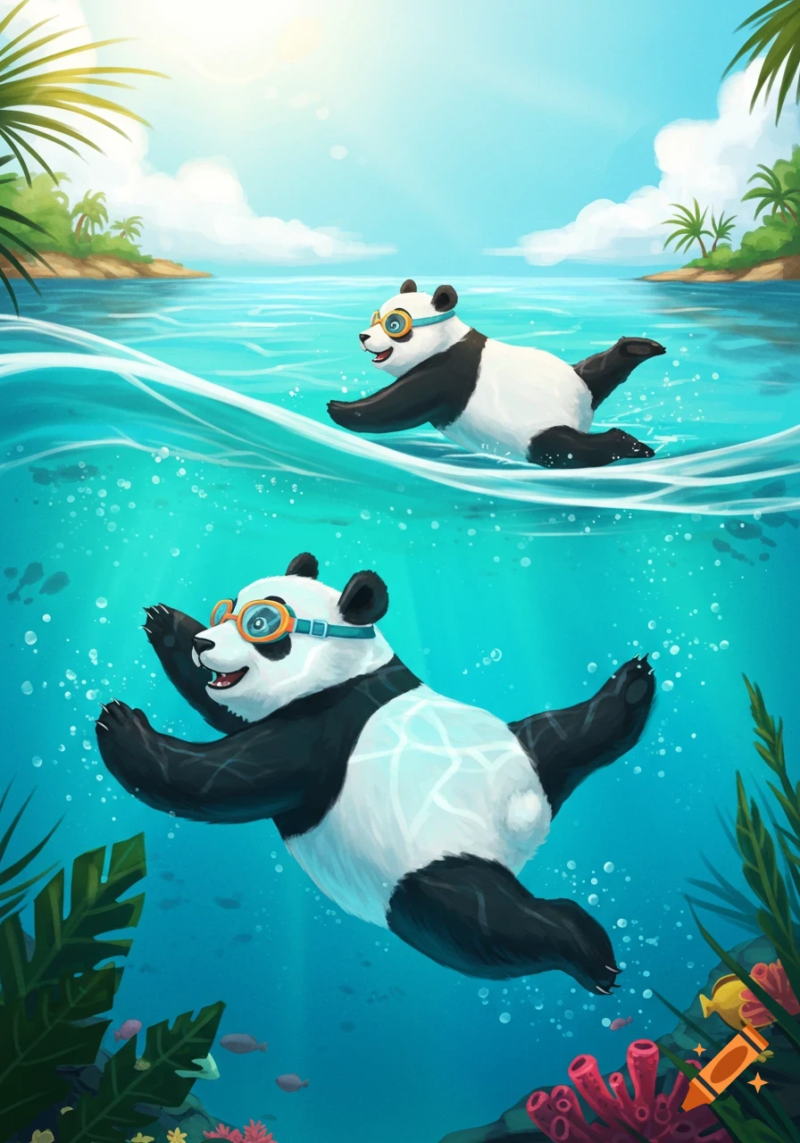 Cartoon pandas swimming in the ocean wearing goggles