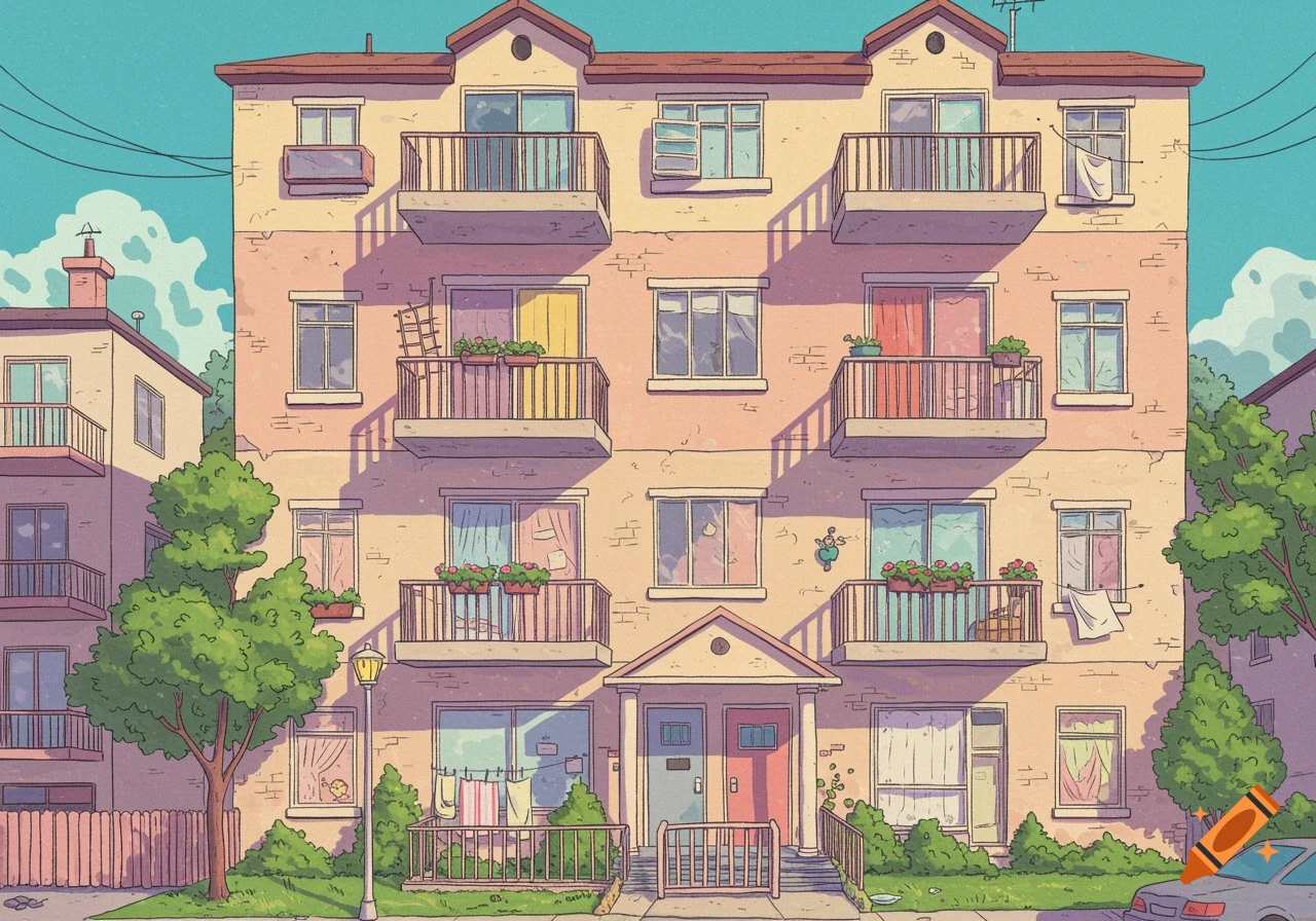 Cartoon illustration of a pink three-story apartment building with balconies and trees