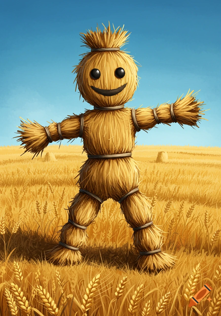 Illustration of a happy straw man in a golden wheat field.