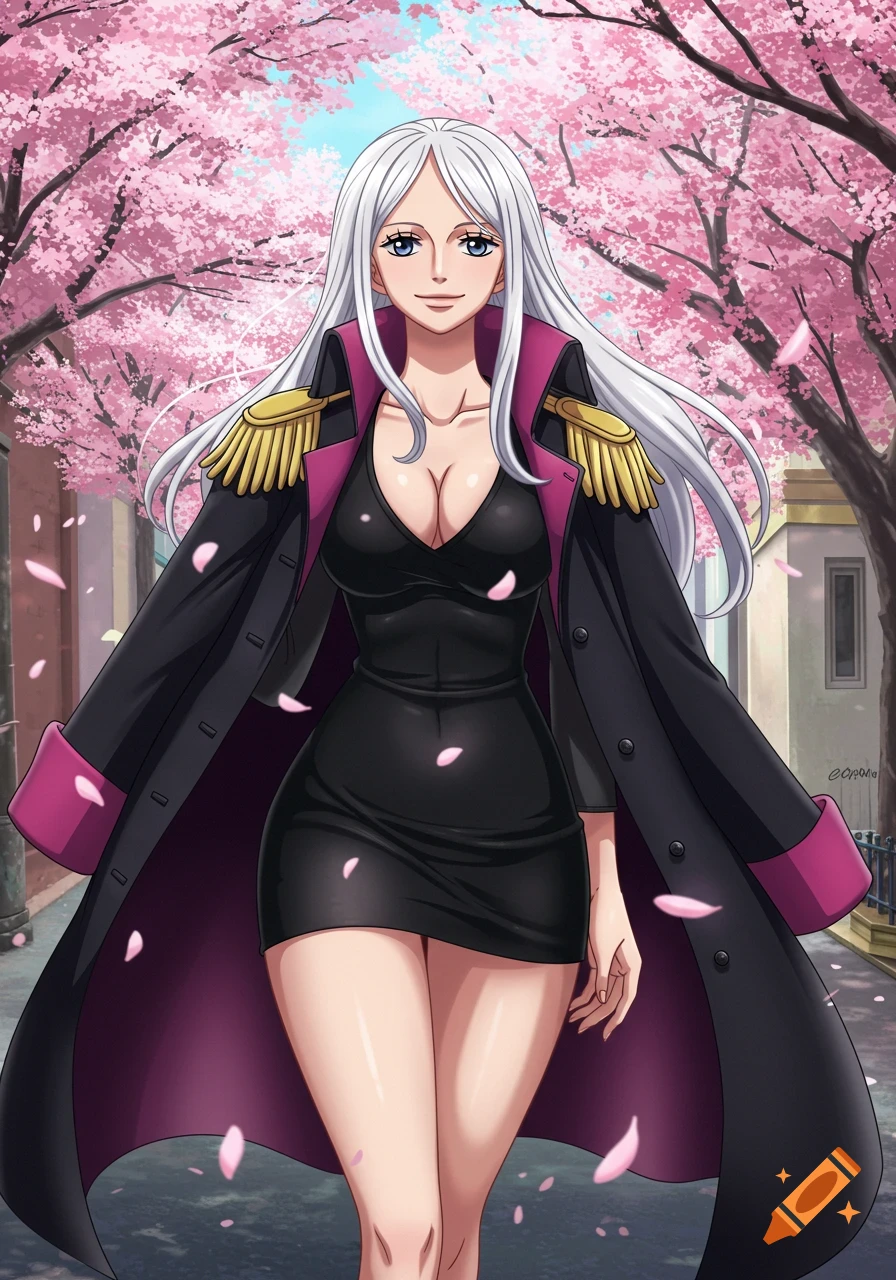 Anime woman with white hair, black dress, and coat walks under cherry blossoms.