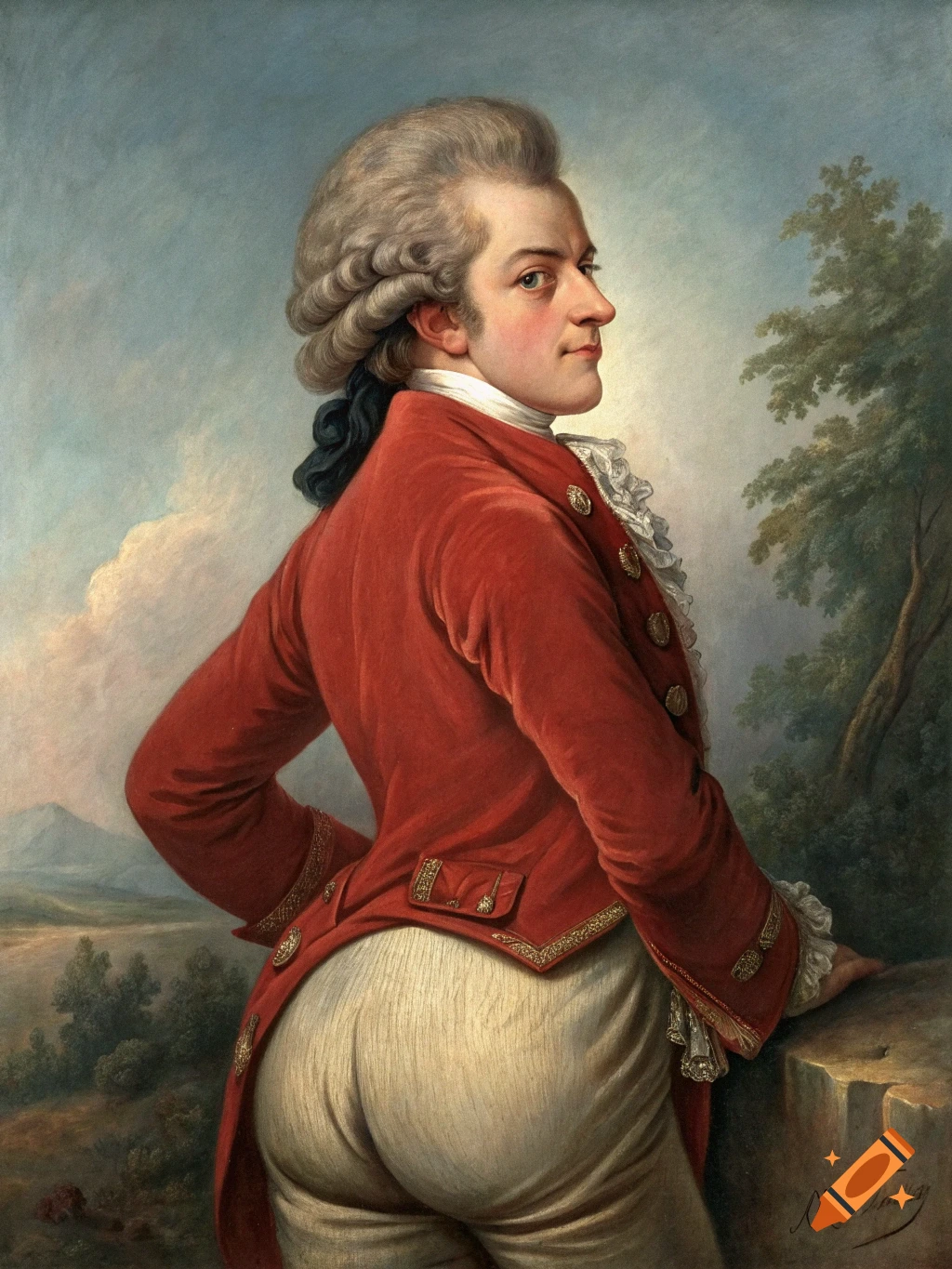Classical painting of Mozart from behind, with a large butt, wearing red jacket and white breeches.