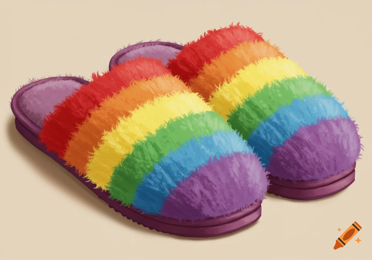 A pair of fuzzy slippers with a rainbow pattern.