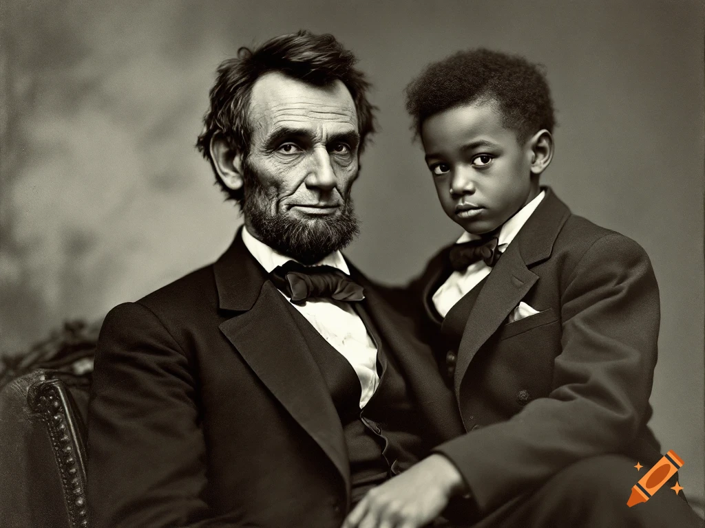 Portrait of Abraham Lincoln sitting with a young Black boy in historical clothing, sepia toned.
