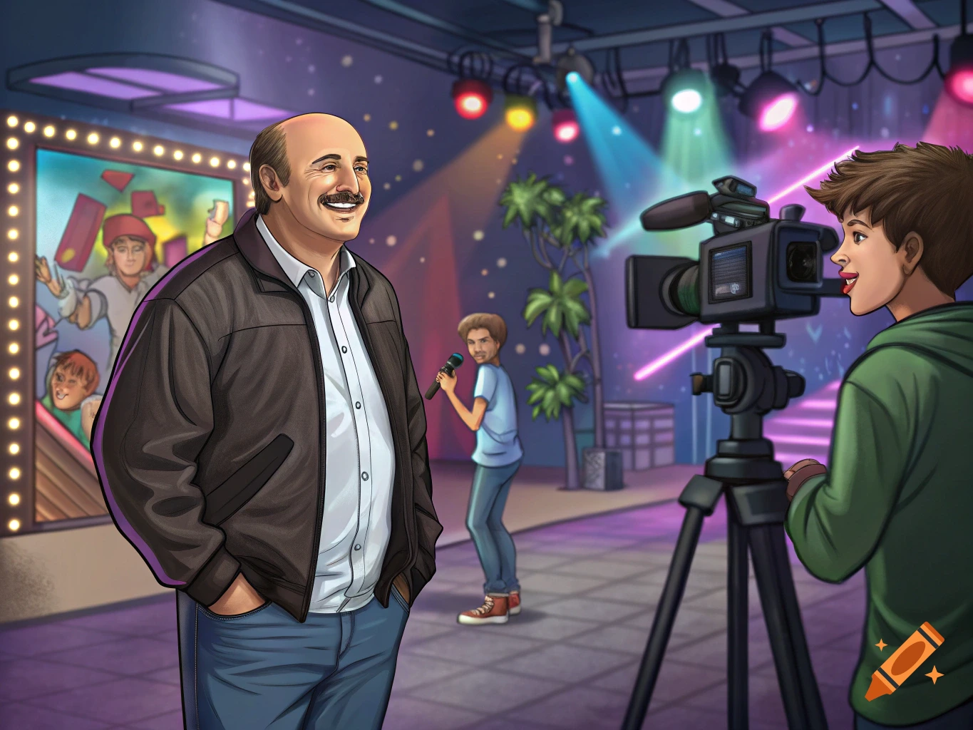 Cartoon illustration of a man resembling Dr. Phil being filmed by a cameraman in a television studio.