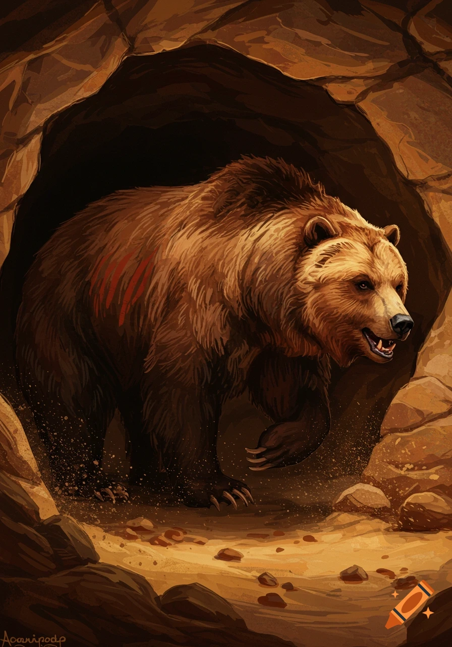 A running grizzly bear emerges from a cave entrance in a stylized cave painting style.