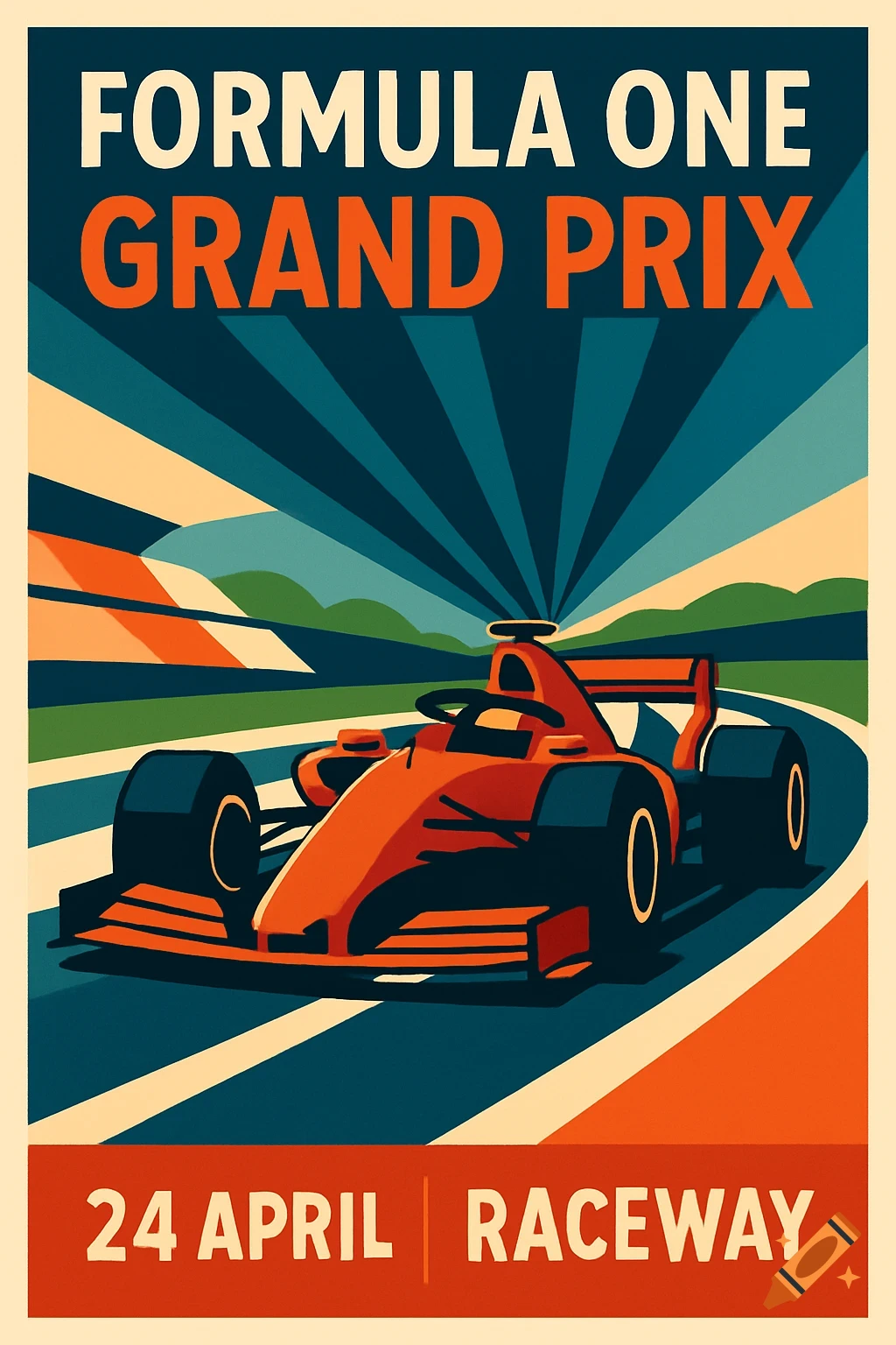 A stylized poster of a Formula One race car on a track with text.