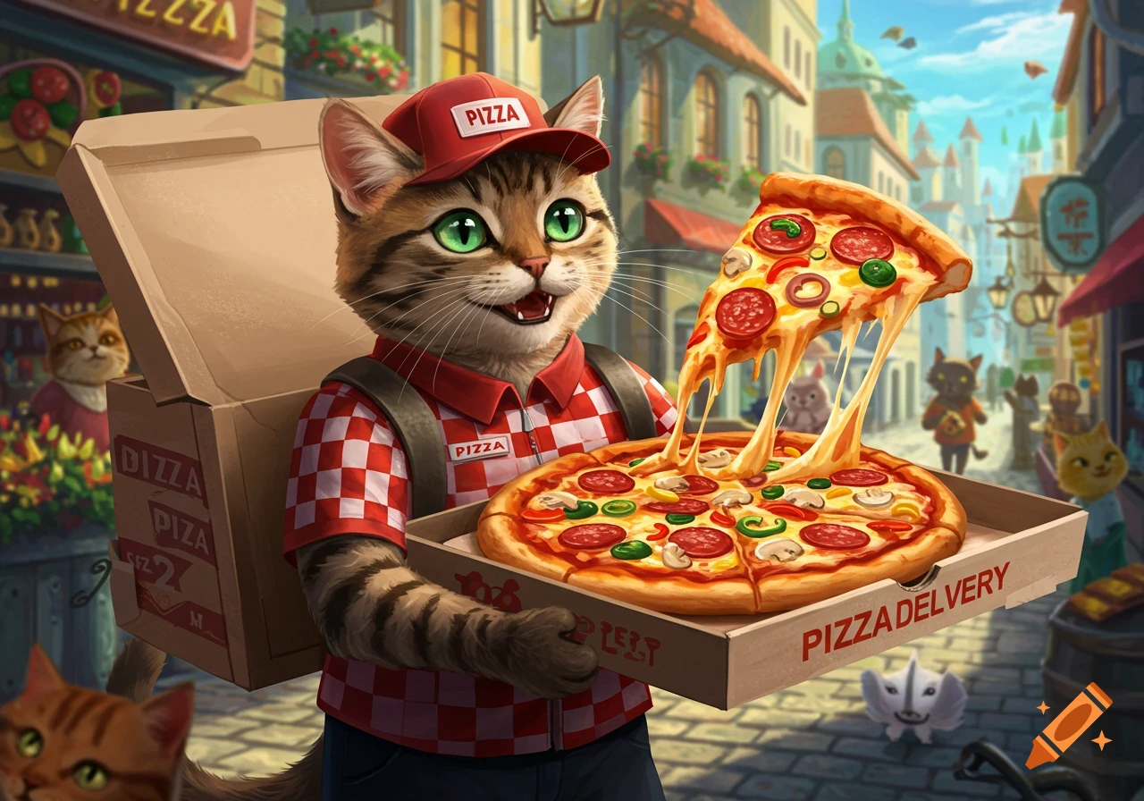 A cartoon cat wearing a pizza delivery uniform holds a pizza box with a cheesy slice pulled out on a European-style street.