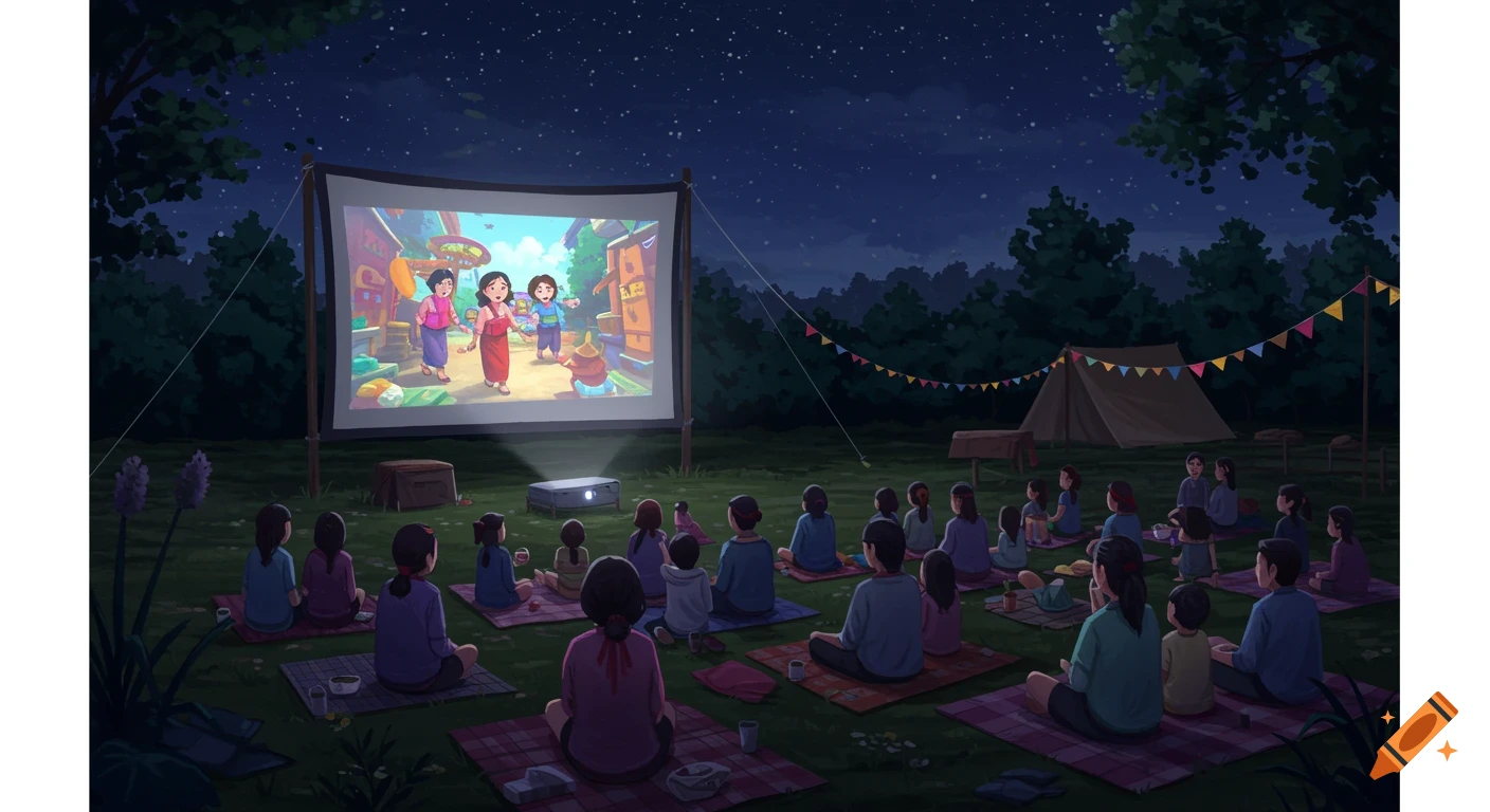 A group of people watch a movie projected onto a large screen in an outdoor field at night under a starry sky. Audience sits on blankets.