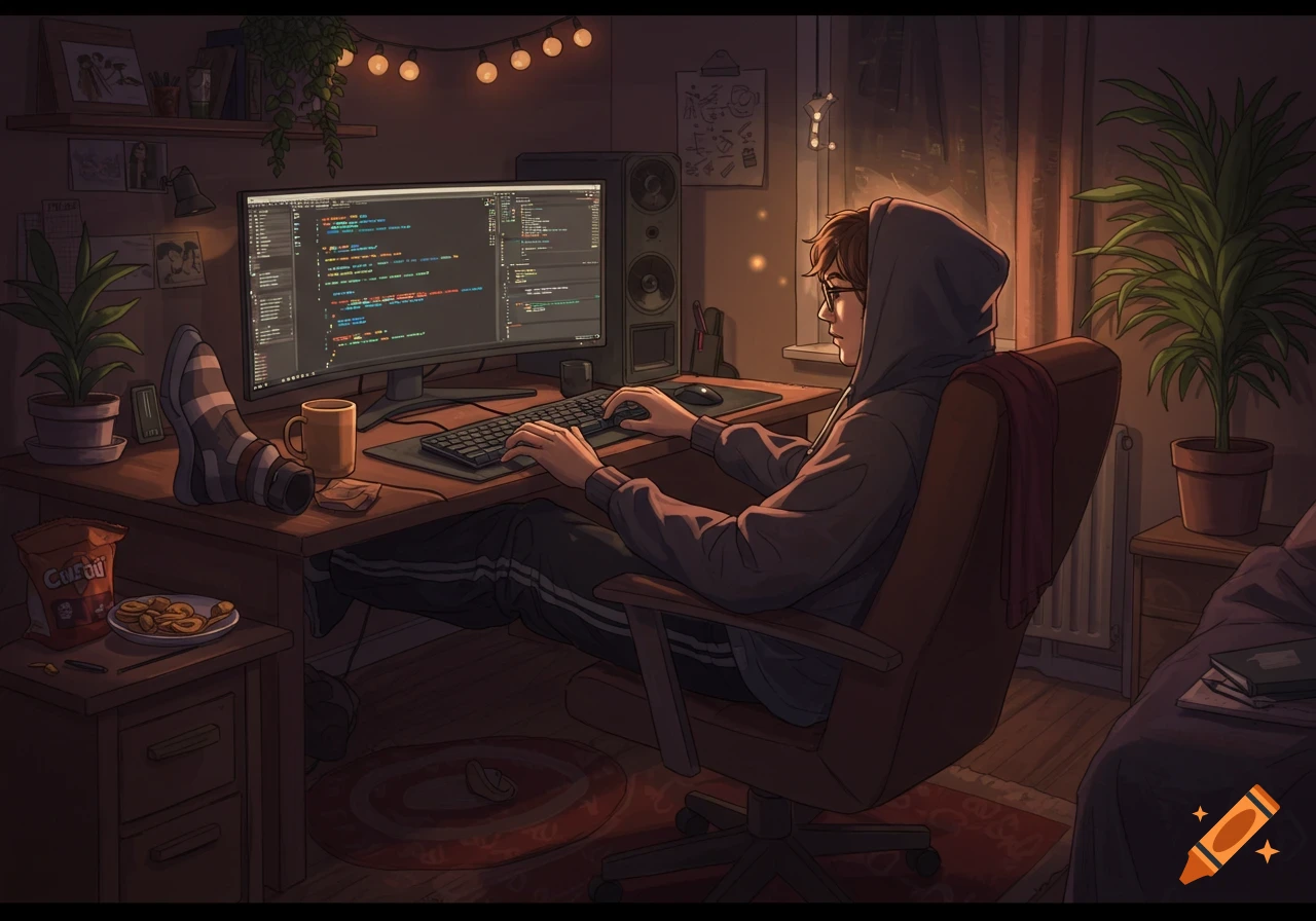 Illustrated lo-fi scene of person coding with feet up on desk in cozy, dimly lit room with plants and snacks.