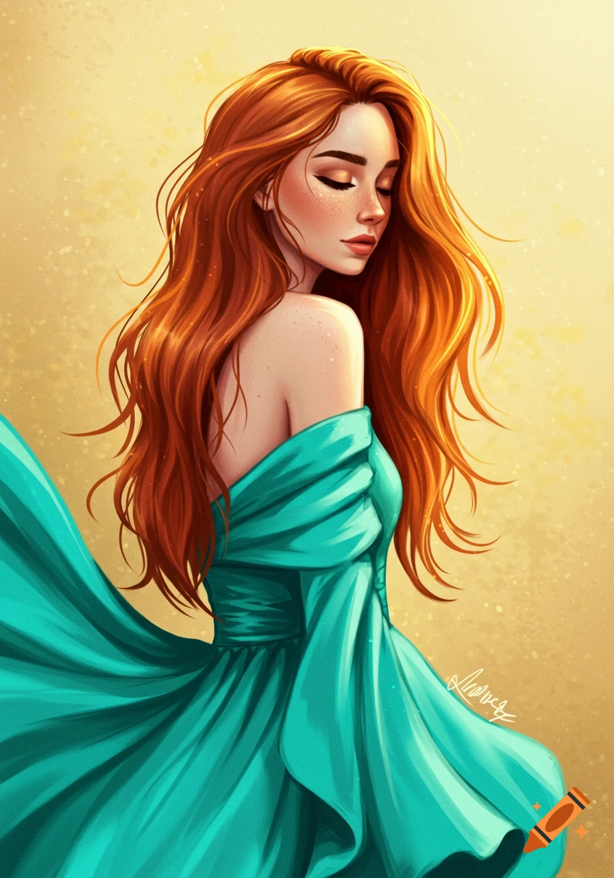 Illustrated portrait of a woman with long red hair in a teal dress ...