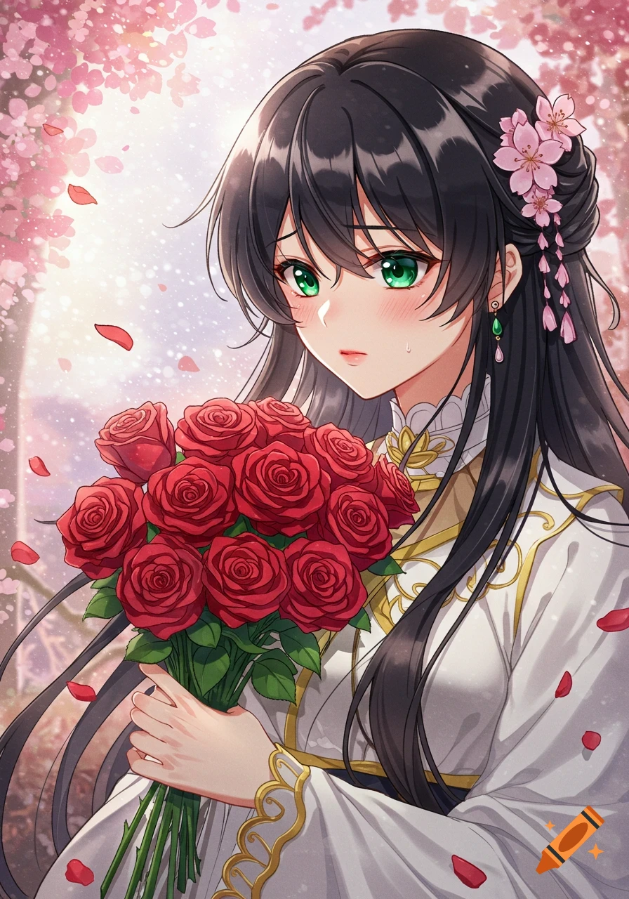 Anime woman holding a bouquet of red roses among falling cherry ...