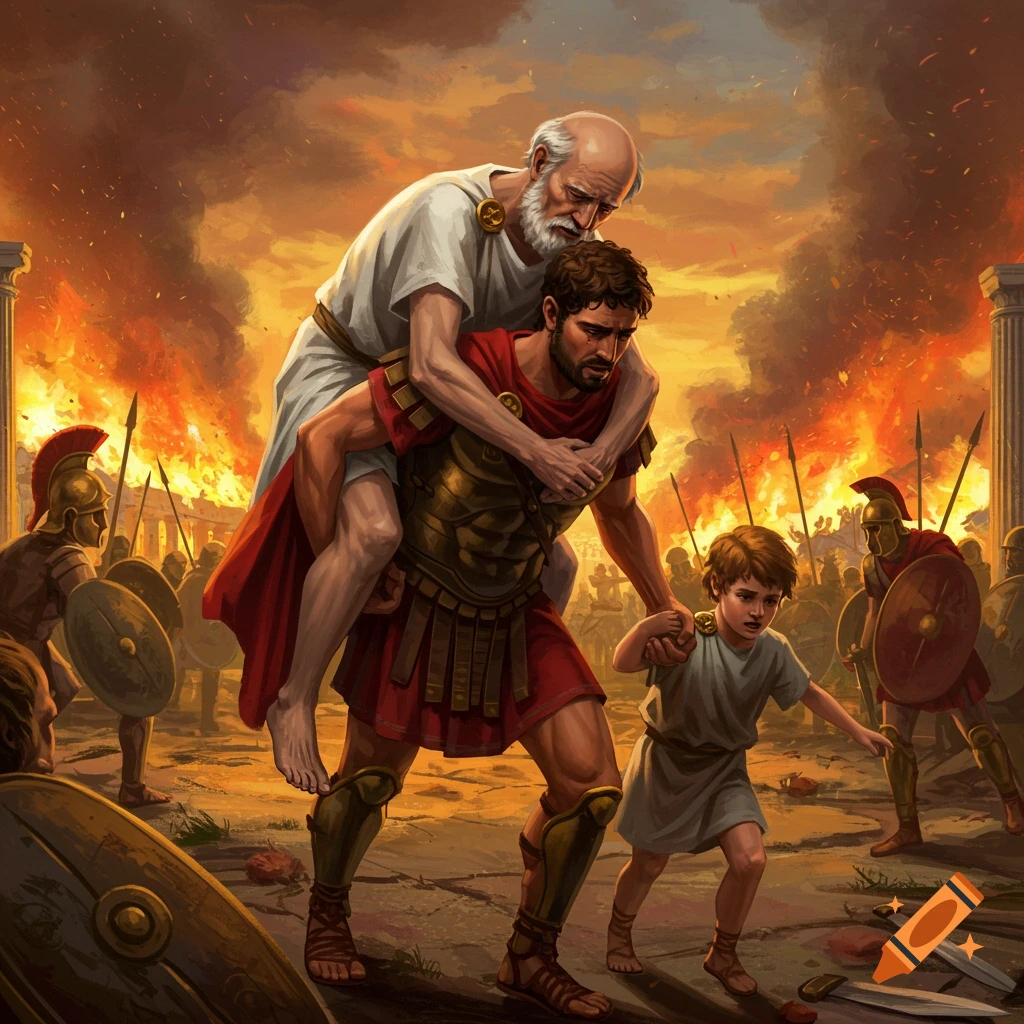 Man carries older man, holds boy's hand escaping burning ancient city with soldiers. Illustrated.