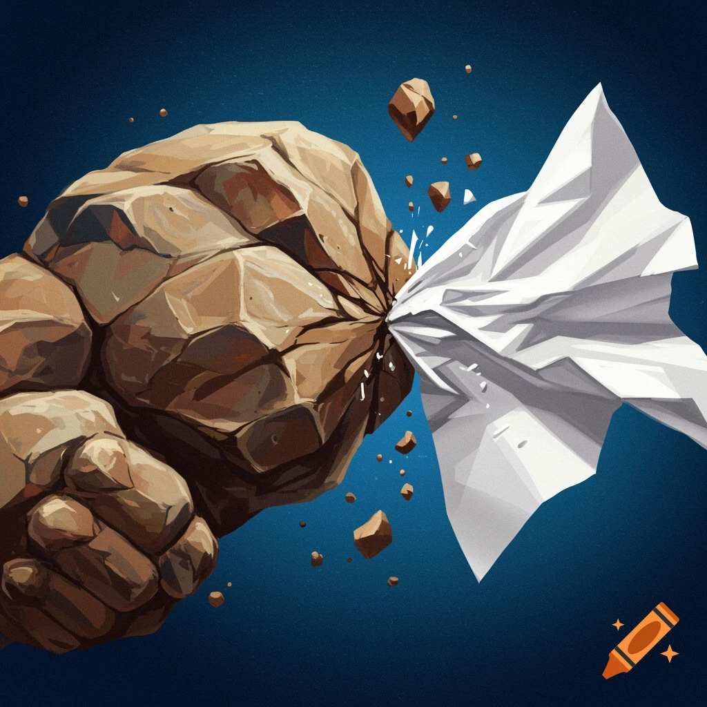 A large rock fist punches through a piece of white paper, scattering fragments.