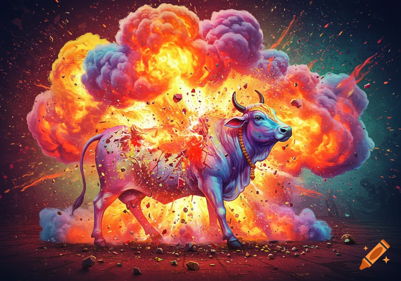 Cow Exploding Head Cartoon A colorful cow bursts in an explosion with scattered particles. on Craiyon