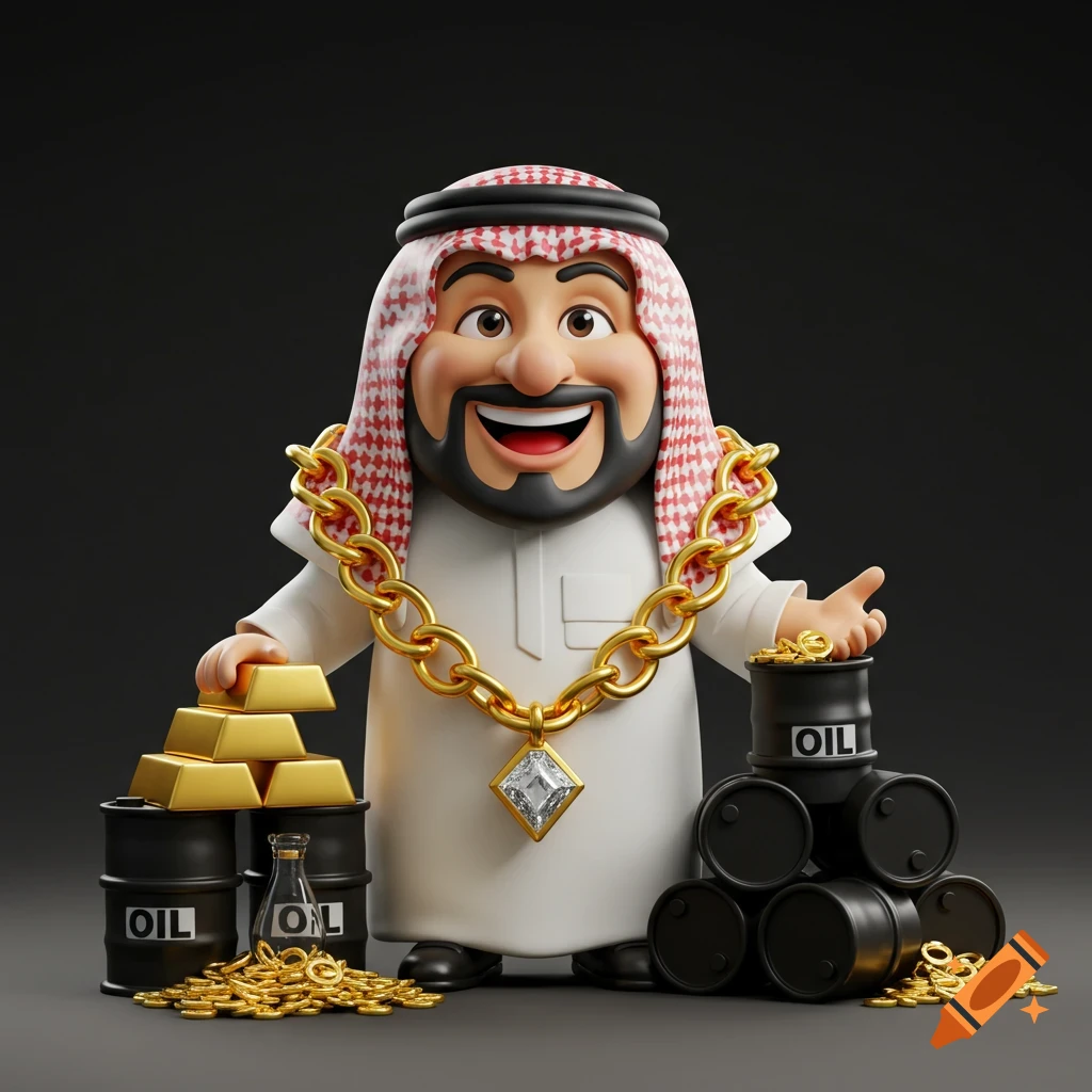 Cartoon rich Arabian man with gold bars, oil barrels, and a diamond chain.