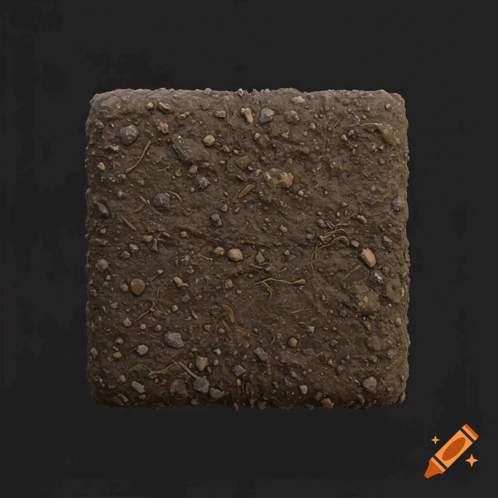 A square block of dirt with rocks, pebbles, and debris