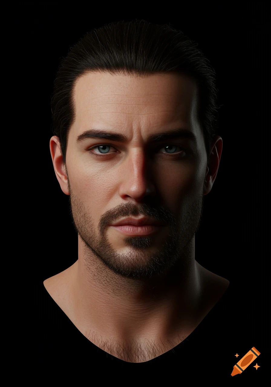 Realistic close-up portrait of a man with dark hair and stubble on a black background.