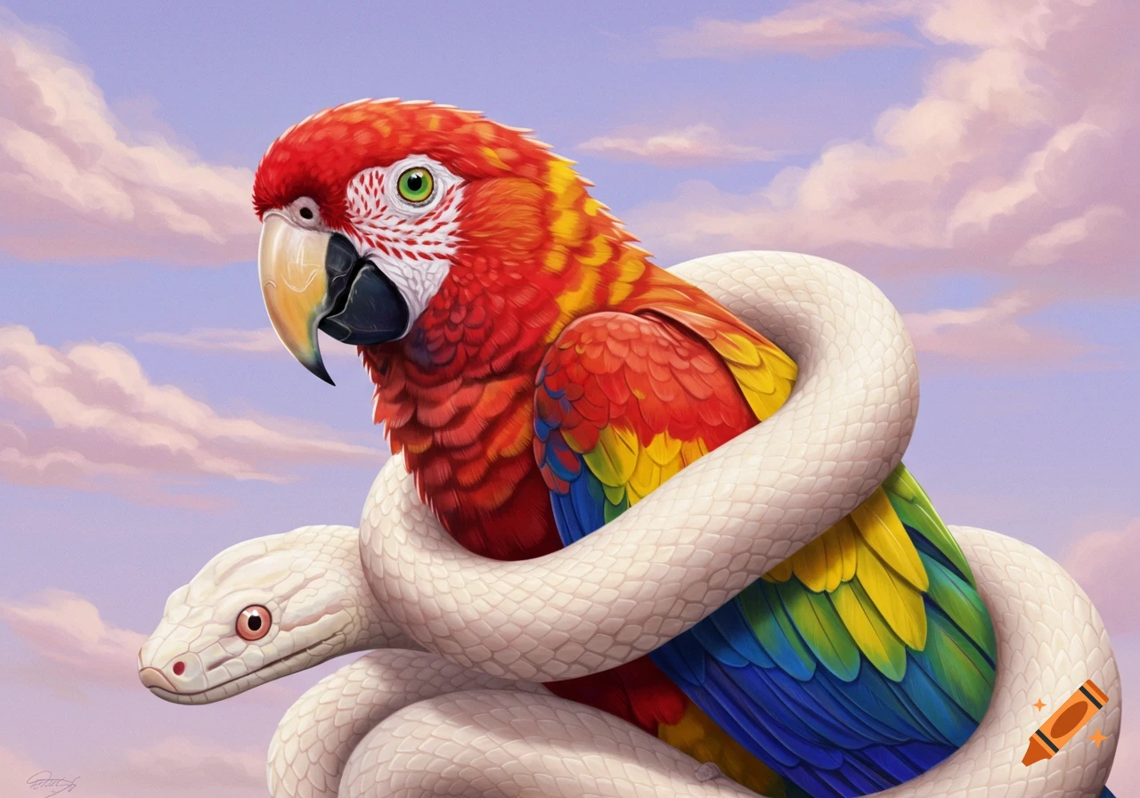 A macaw parrot is entwined with an albino snake in a cloudy sky, illustration style.
