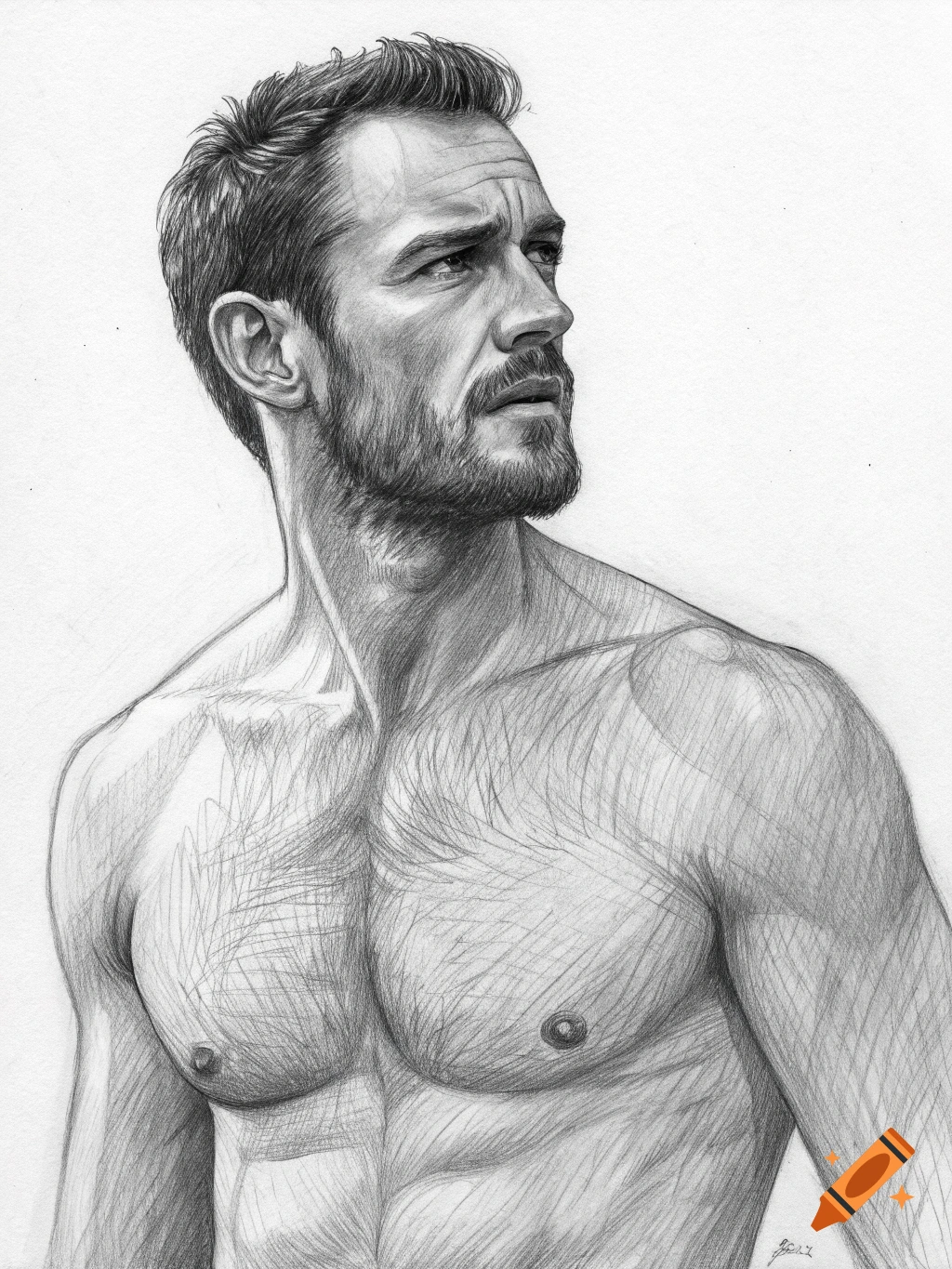 Pencil sketch portrait of a shirtless man looking away.