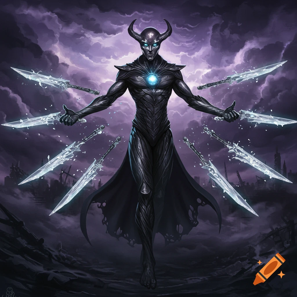 A dark fantasy villain with horns and glowing eyes levitates, surrounded by floating swords against a stormy purple sky.