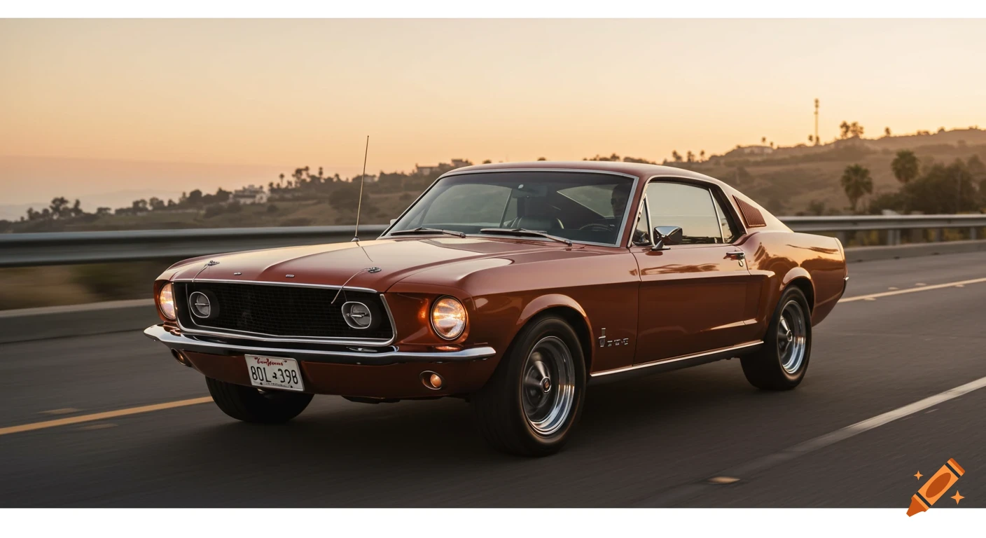 A burnt orange classic Mustang car drives on a road at sunset.