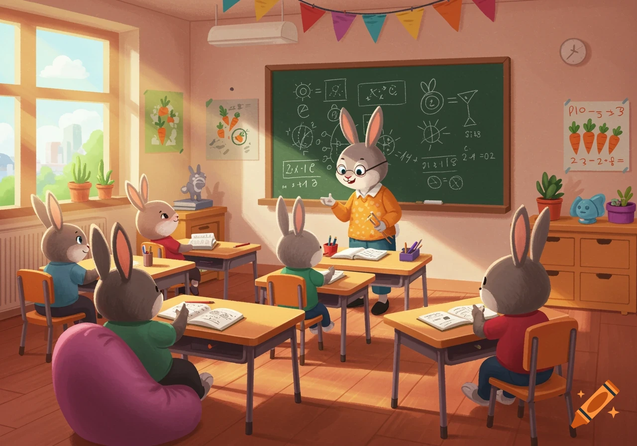Cartoon rabbits are taught in a classroom.
